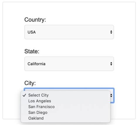 Three inter linked list box based on selection of country state and city using PHP and jQuery. . Country state city drop down list using json